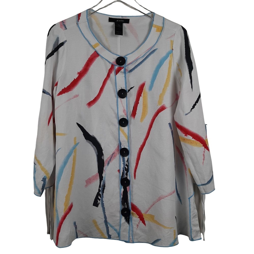 Ali Miles Linen Blend Artsy Abstract Tunic Top Size Small